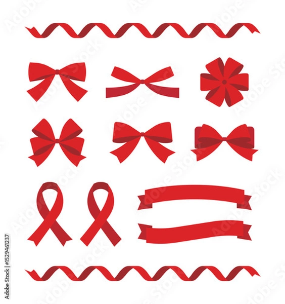 Fototapeta Red ribbons and bows set. Curly, simple, and decorative designs for holidays, gift wrapping, awareness campaigns, and festive graphic elements.