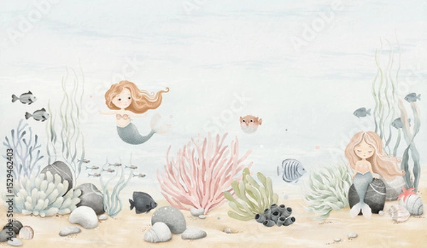 Obraz Cute mermaids on seabed with different fishes, stones and sea plants. Watercolor underwater cartoon illustration for your design childish mural, wallpaper or background, hand-drawn horizontal border.