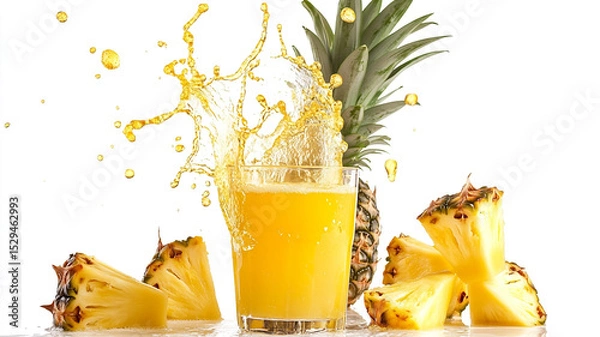 Fototapeta Pineapple juice splashing with pineapple and glass isolated on a white background