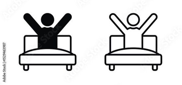 Fototapeta Woke up and stretched in bed. Waking up, good morning. Cartoon wake up or sleepless icon. Stickman, stick figure man sign. Sleeping concept. Persion in bed. Sleeping hotel. Clock time.