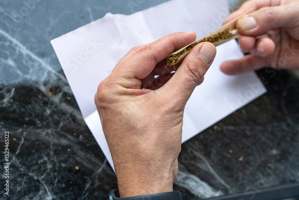 Obraz Crafting A Cannabis Joint With Care At A Smooth Surface