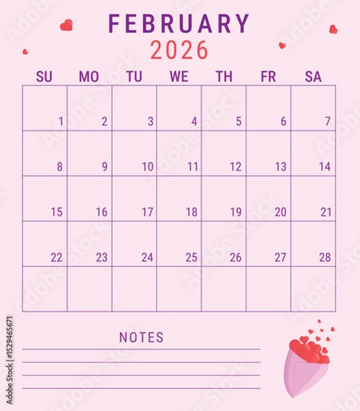 Fototapeta Minimalistic February 2026 planner page with red hearts, vector isolated illustration