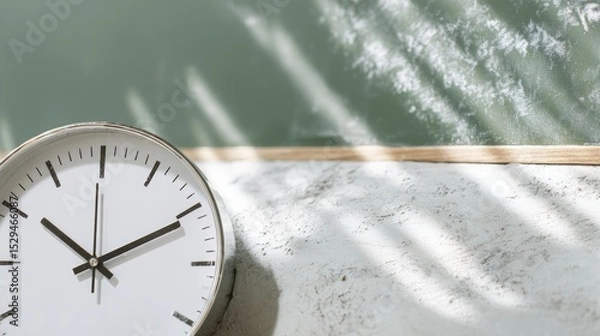 Fototapeta Round white wall clock placed on a textured surface, casting soft shadows against a green chalkboard, creating a serene and organized workspace atmosphere
