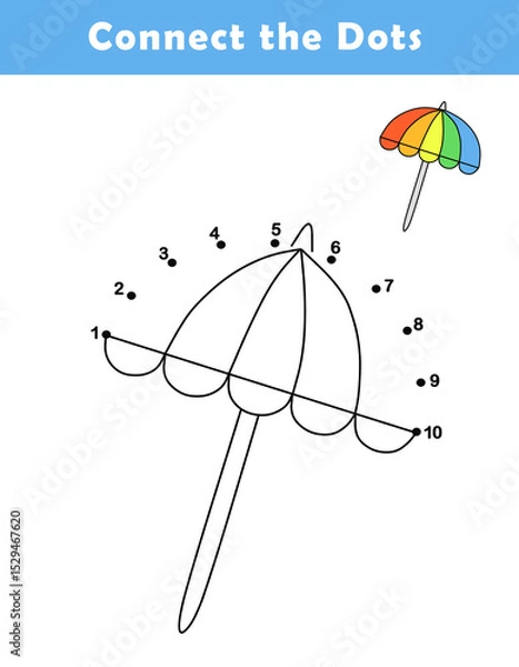 Obraz Dot to Dot Worksheet for Kids. Connect the dots to draw a cute beach umbrella. Cute cartoon beach umbrella. Coloring page.	