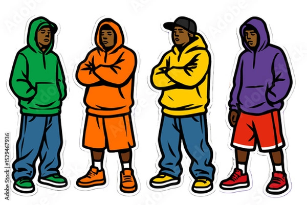 Obraz Four young men dressed in colorful hoodies standing confidently