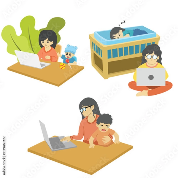 Obraz mother working with laptop while taking care of child, illustration of working from home concept