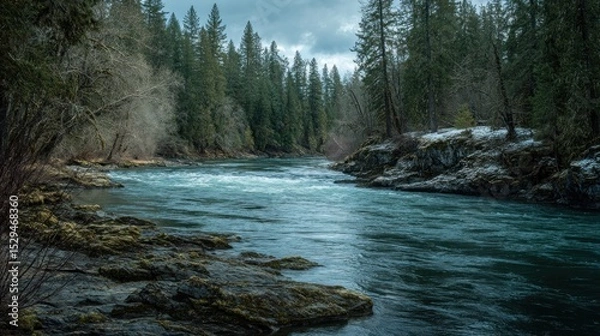 Fototapeta Serene River Flowing Through Evergreen Forest