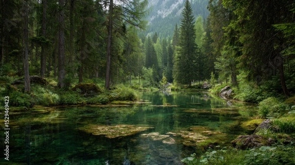 Fototapeta Serene Emerald Lake in a Lush Alpine Forest