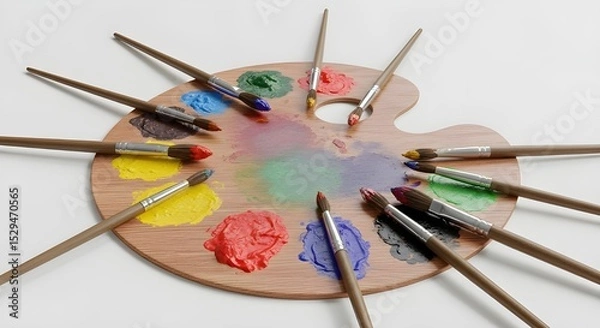 Obraz Wooden Paint Palette with Smudges and Brushes – Artistic Mockup