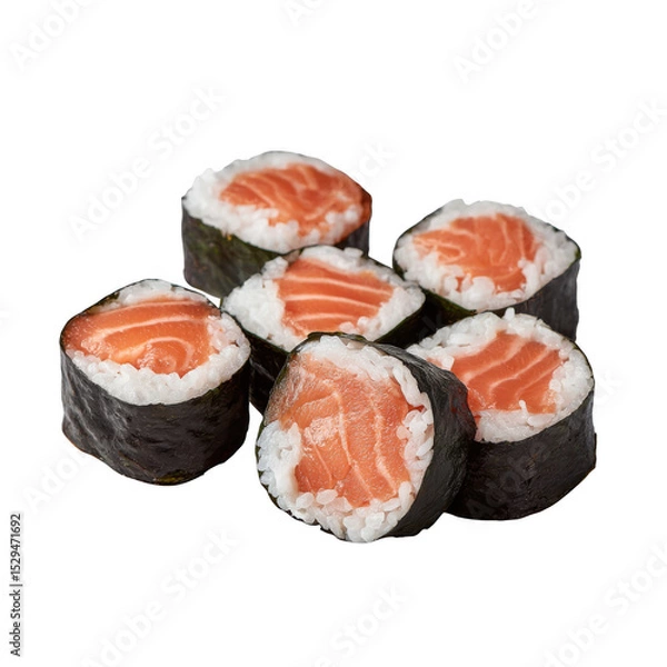 Fototapeta Close up of six salmon maki rolls with rice and seaweed on a black background in studio lighting
