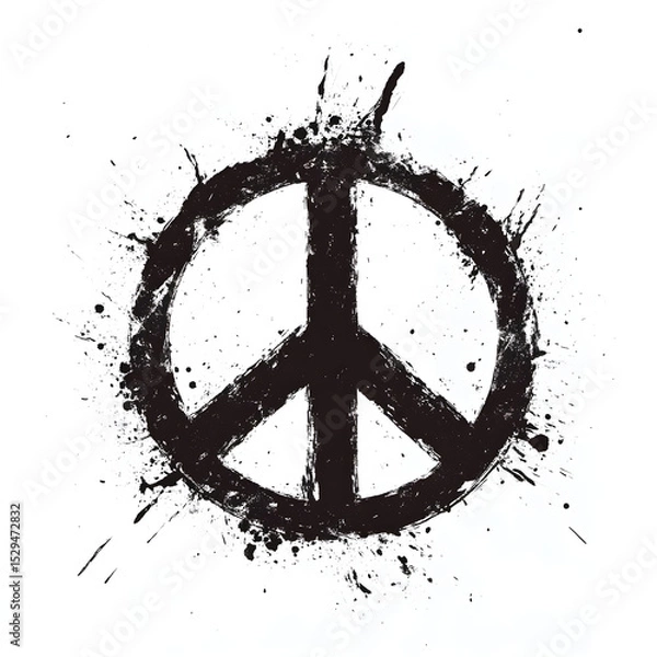 Fototapeta A peace symbol is depicted in black paint, surrounded by splatters on a white background.  The symbol is bold and centrally positioned.