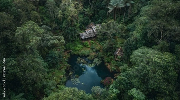 Fototapeta Secluded Jungle Haven: Aerial View of Tranquil Pond and Rustic Cabins Nestled in Lush Rainforest