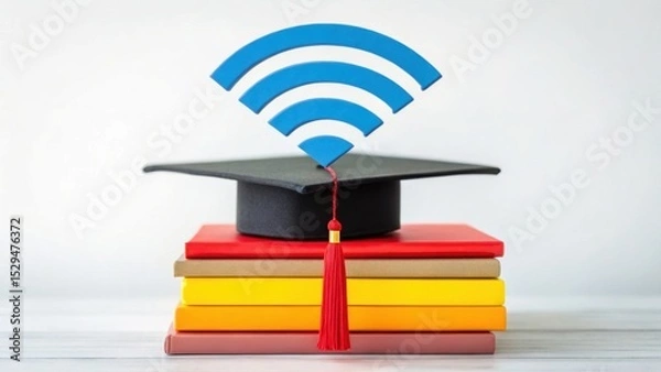 Obraz Graduation cap on a stack of books with a Wi-Fi symbol above, symbolizing online education and digital learning.