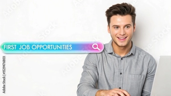 Obraz A smiling young man looks excited while searching for "First Job Opportunities" on his laptop, symbolizing career beginnings and job hunting online.
