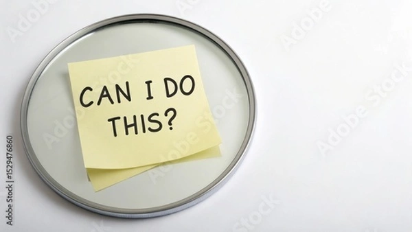 Fototapeta A sticky note with "CAN I DO THIS?" written on it is placed inside a round mirror on a white background.