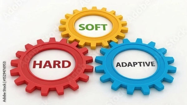 Obraz Three colorful interlocking gears labeled Hard, Soft, and Adaptive representing different skill types or approaches working together.