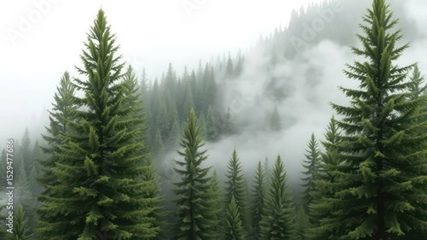 Obraz Lush evergreen trees ascending into the misty heights, conveying a sense of tranquility, mystery, and the enduring beauty of natural landscapes