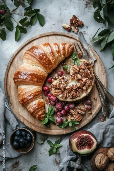 Fototapeta Fresh Croissant with Fruit and Nuts on Rustic Wooden Table