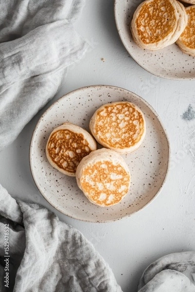 Fototapeta Fluffy Pancakes on Plate with Gray Napkin and Soft Background