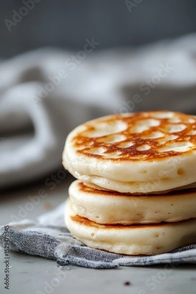 Fototapeta Fluffy Pancakes Stacked on a Gray Cloth Background for Breakfast
