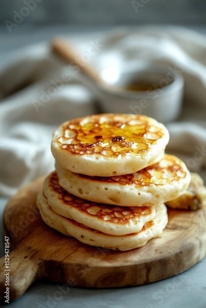 Fototapeta Fluffy Pancakes Stacked on Wooden Board with Maple Syrup Drizzle
