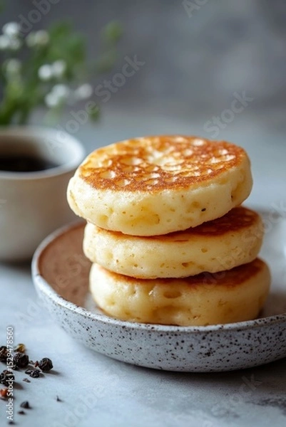 Fototapeta Freshly Cooked Crumpets Stacked on a Rustic Plate with Coffee