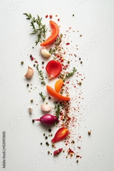 Fototapeta Colorful Vegetable Arrangement with Spices on a White Background