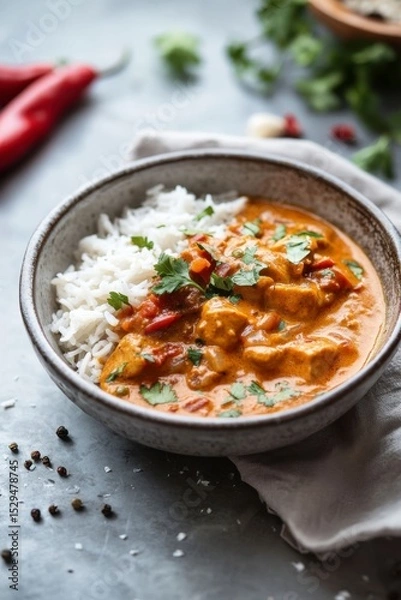 Fototapeta Creamy Chicken Curry with Rice and Fresh Herbs in Rustic Bowl