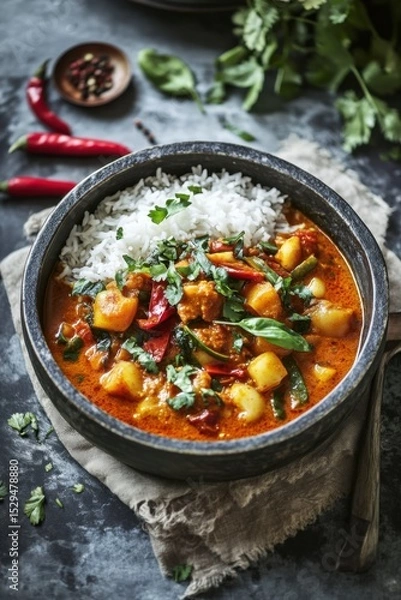 Fototapeta Aromatic Vegetable Curry with Rice and Fresh Herbs on Rustic Table