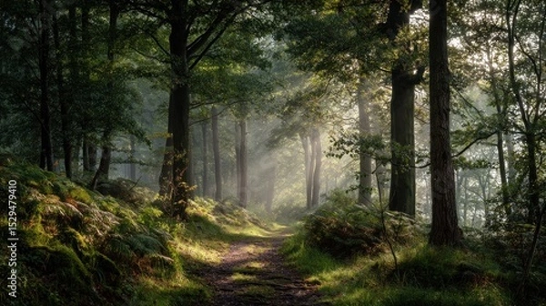 Fototapeta Mystical Forest Path: Sunbeams through Ancient Trees