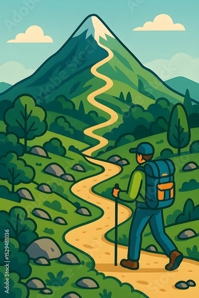 Fototapeta Vibrant Hiker Trekking Along Winding Pathway Near Mountain Peak
