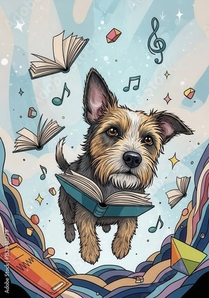 Obraz Floating dog with open book musical notes stars