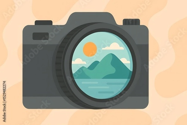Fototapeta Camera with Landscape View in Lens Against Soft Color Background