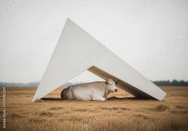 Obraz Cow resting modern shelter in field
