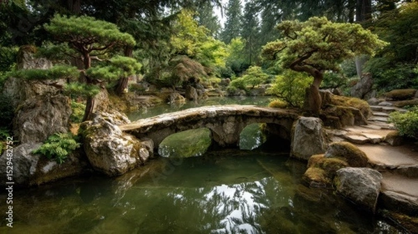 Fototapeta Serene Japanese Garden Landscape with Stone Bridge and Pond Reflection