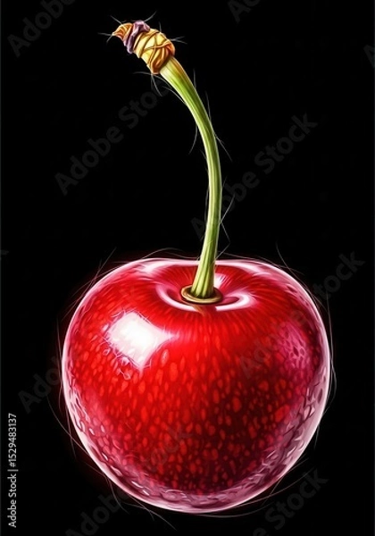 Obraz Red cherry with stem on black background