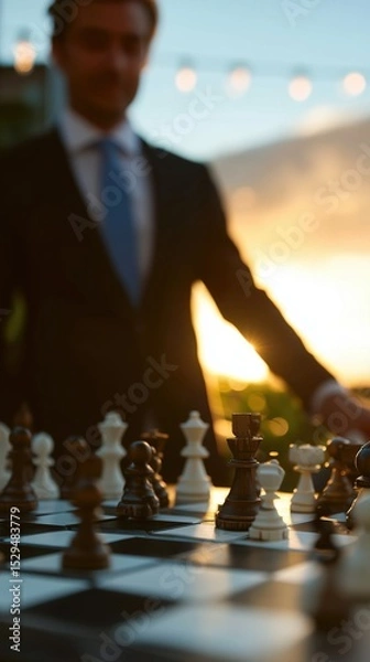 Obraz Businessman in suit carefully moving queen chess piece on large outdoor chessboard with soft-focus blurred nature background, golden hour lighting, dynamic macro close-up and focused composition symbo
