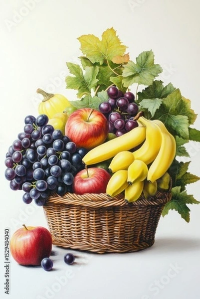 Fototapeta Vibrant Fresh Fruits in a Basket with Green Leaves and Grapes