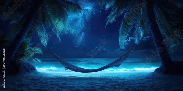 Fototapeta A hammock hangs between two palm trees on a sandy beach under a starry night sky. Tranquil nighttime beach scene with a peaceful and dreamy vibe