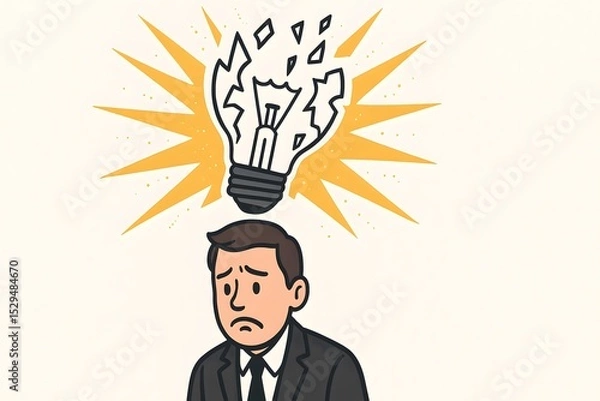 Fototapeta Man with Broken Lightbulb Overhead Symbolizing Loss of Ideas
