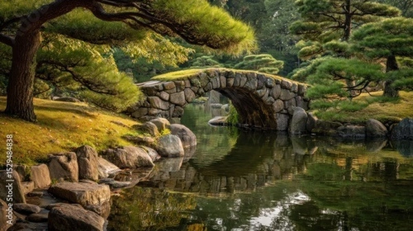 Fototapeta Serene Stone Bridge Reflecting in a Tranquil Pond