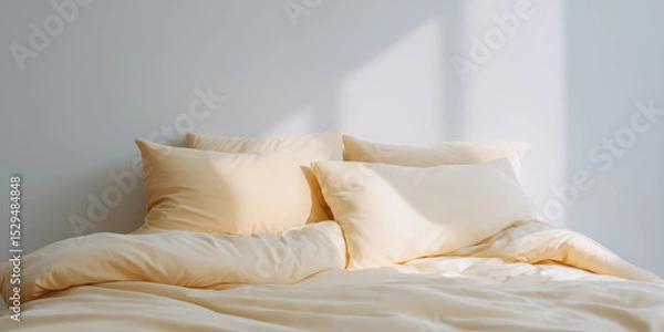 Fototapeta Soft pillows and a fluffy comforter are arranged neatly on a bed under gentle sunlight. Cozy and inviting bedroom atmosphere