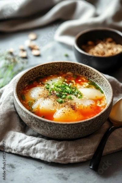 Fototapeta Flavorful Soup with Soft Dumplings and Fresh Green Onions