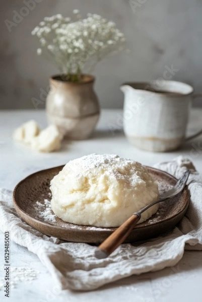 Fototapeta Creamy Mashed Potatoes on Rustic Plate with Kitchen Decor Elements