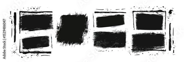 Fototapeta Grunge black brush stroke frames with uneven textured edges isolated on white background minimalist vector design set of hand drawn rough square borders for photo or text placeholders