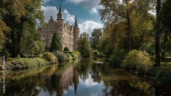Fototapeta Fairytale Castle by the Lake: A Serene Autumn Day