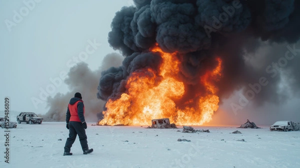 Obraz Person red jacket walks through snowy landscape, observing large fire with thick black smoke rising into sky. scene conveys sense of urgency