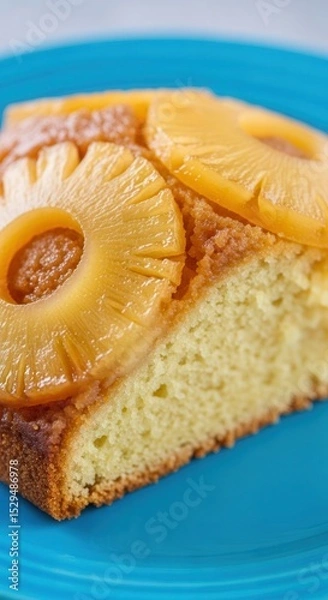 Obraz Pineapple upside- cake slice on blue plate