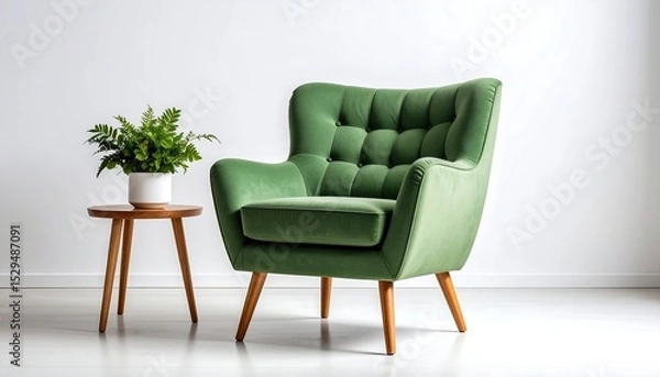 Fototapeta Green armchair with plant, and side table.