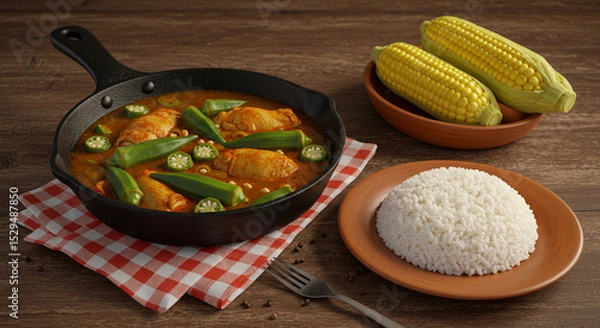 Fototapeta Chicken cooked in sauce with okra
